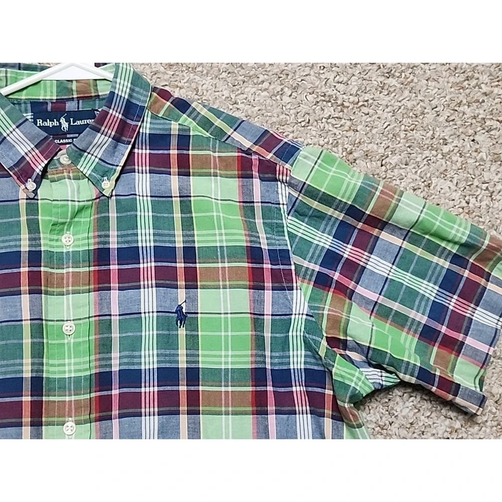 Ralph Lauren Shirt Men L Green Pink Multi Plaid Button Up Classic Fit Short Slee